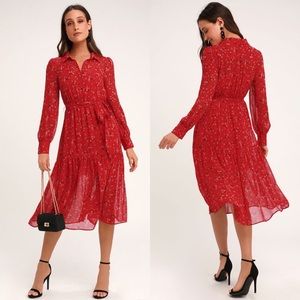 NWT Lulu's Flirt Fest Red Floral Print Midi Dress